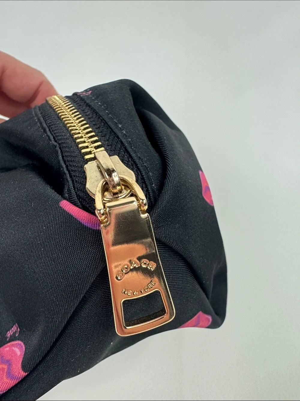 Coach Nylon Black Cosmetic Pouch with Pink Lip Motif Gold zipper & logo